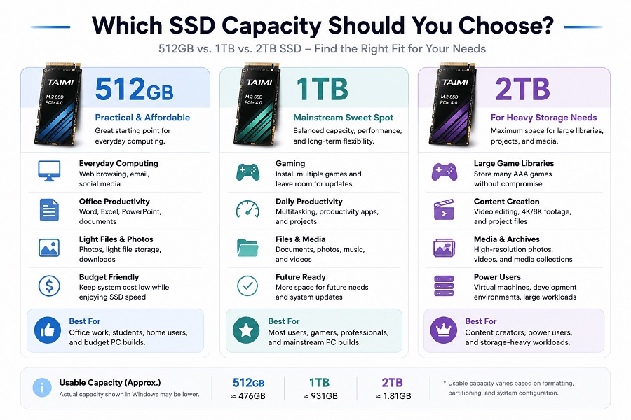 SSD capacity comparison infographic showing 512GB for everyday computing, 1TB for gaming and mainstream use, and 2TB for content creation and storage-heavy workloads