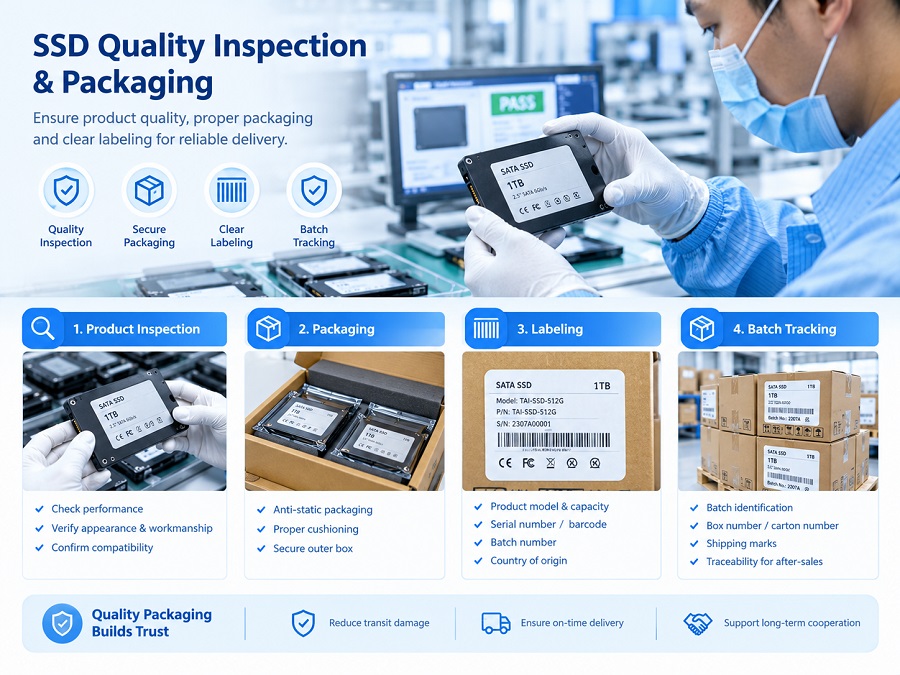 SSD quality inspection, packaging, labeling, and batch tracking