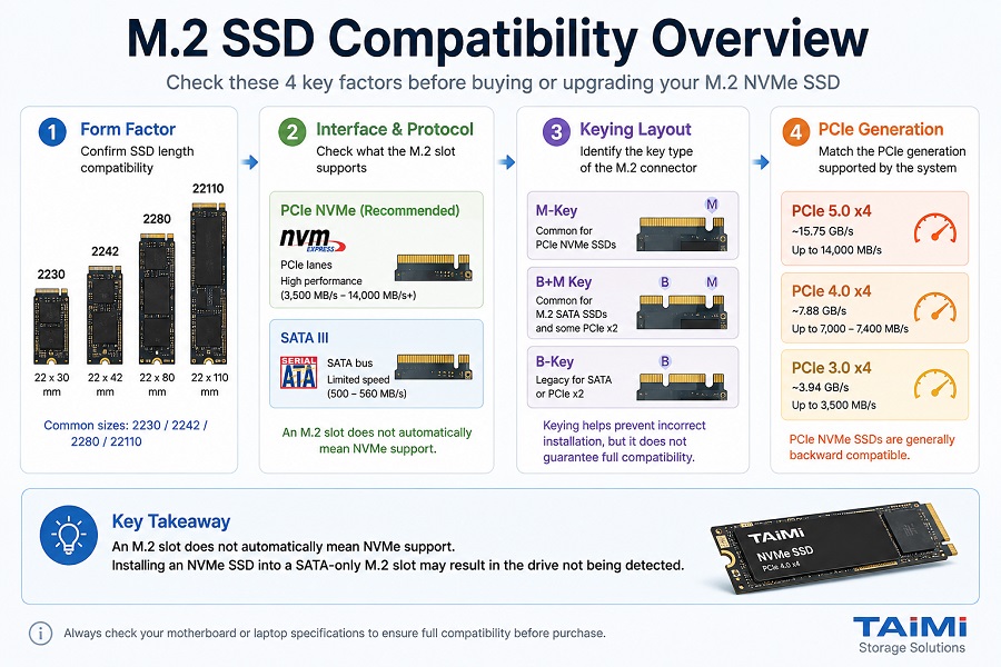 M.2 NVMe SSD compatibility overview showing form factor, interface, keying, and PCIe generation requirements