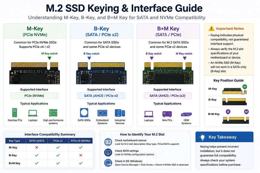 M.2 SSD keying and interface comparison showing M-Key, B-Key, and B+M Key for SATA and NVMe compatibility