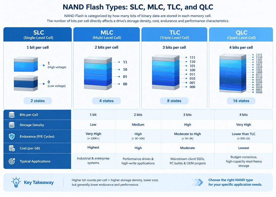 SLC MLC TLC QLC NAND Flash comparison by bits per cell, endurance and storage density