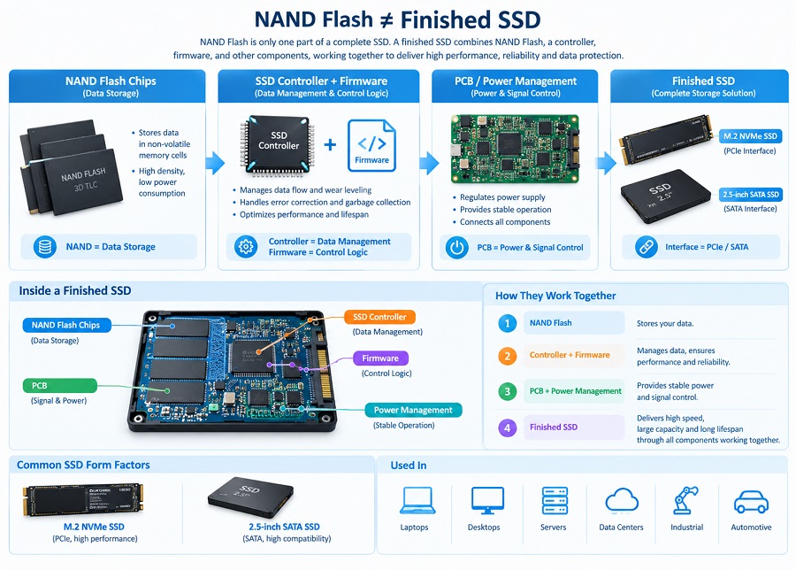 NAND Flash, SSD controller, firmware and PCB components inside a finished SSD