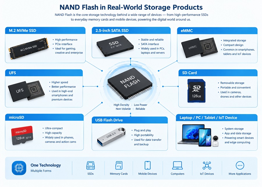 NAND Flash applications in SSDs, eMMC, UFS, SD cards and USB storage devices