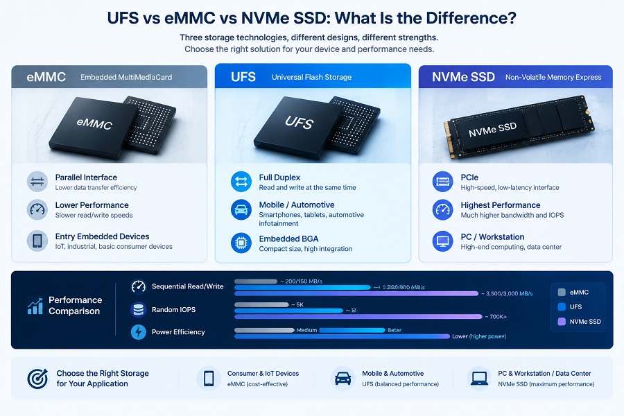 Comparison of UFS eMMC and NVMe SSD storage technologies for embedded and computing applications