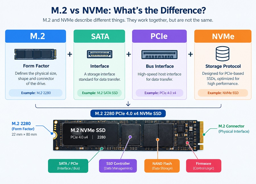M.2 vs NVMe explained with form factor, SATA, PCIe and storage protocol