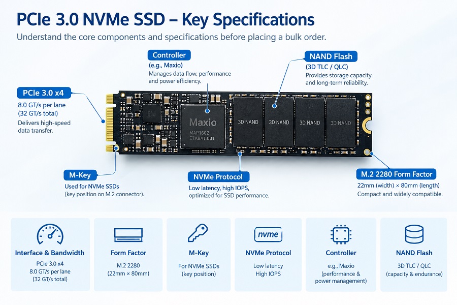 PCIe 3.0 NVMe SSD specifications showing M.2 2280, M-Key, NVMe, controller, and NAND Flash
