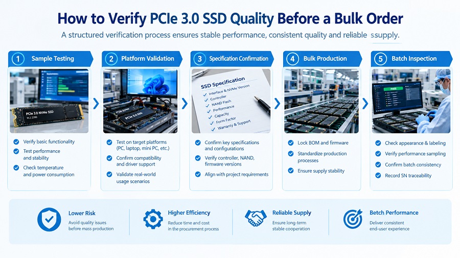 PCIe 3.0 SSD bulk order quality verification process from sample testing to platform validation, production, and batch inspection