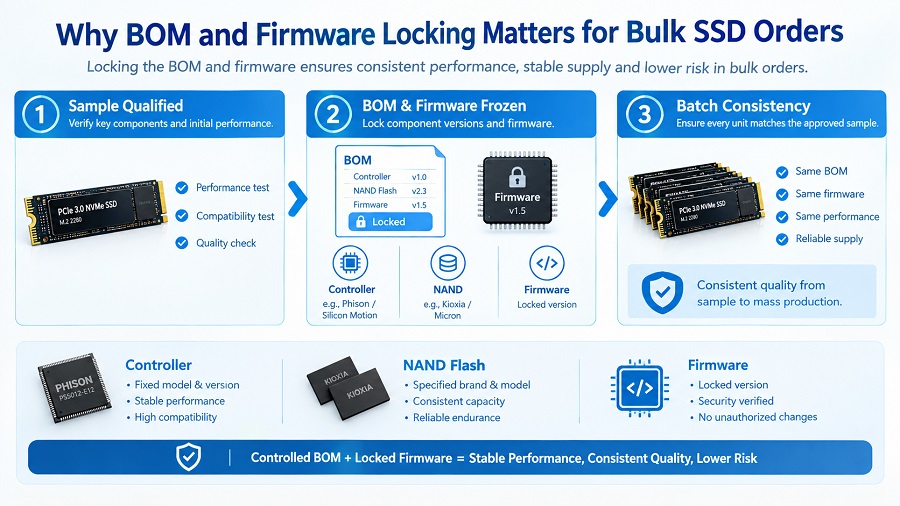BOM and firmware locking process for bulk SSD orders, showing sample qualification, controller and NAND verification, and batch consistency.
