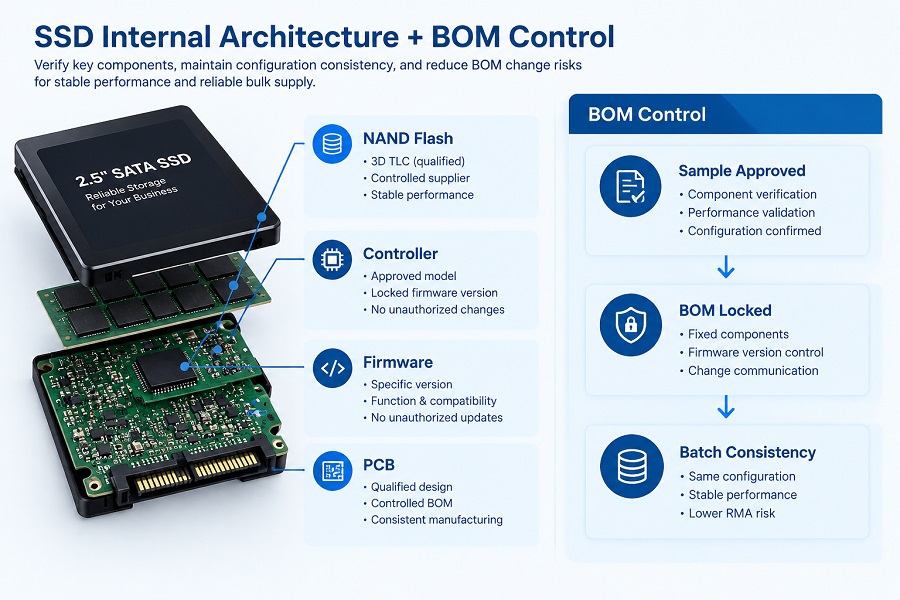SSD internal architecture and BOM control infographic