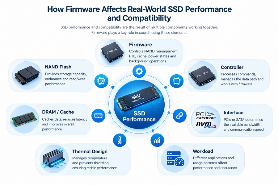 How SSD firmware affects performance and compatibility with NAND, controller, cache, interface, thermal design, and workload