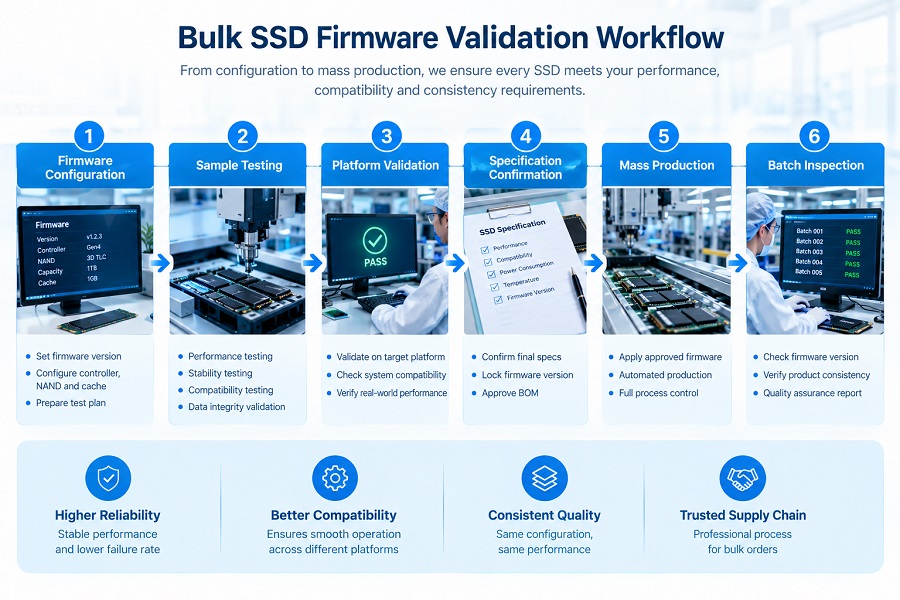 Bulk SSD firmware validation workflow from sample testing to platform validation, mass production, and batch inspection