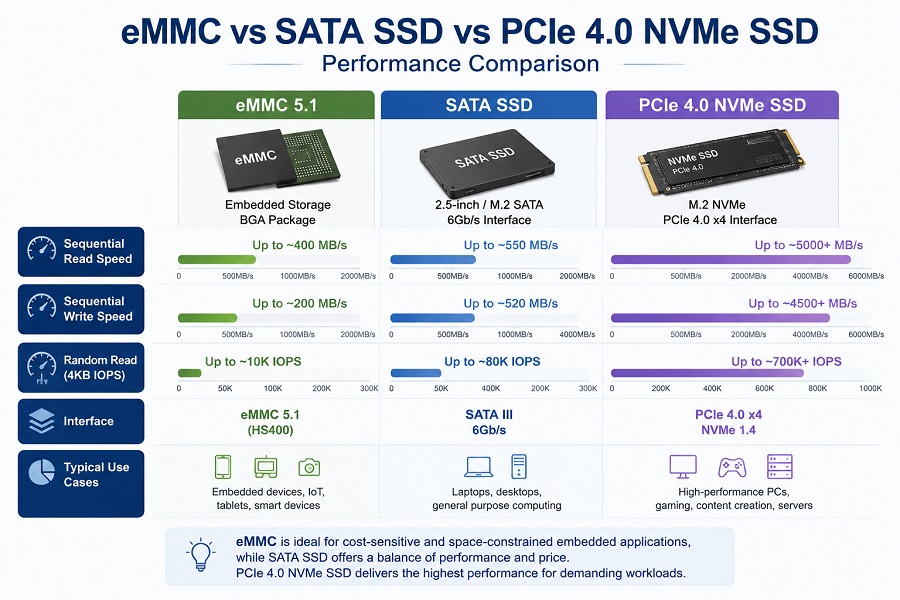 eMMC vs SATA SSD vs NVMe SSD performance comparison