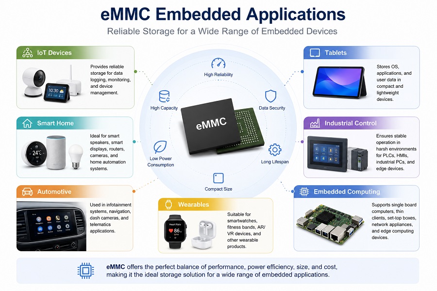 eMMC storage applications in tablets IoT industrial and automotive devices