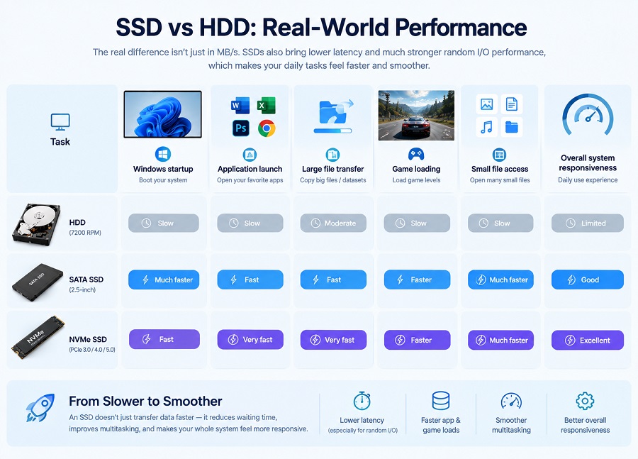 SSD vs HDD real-world performance comparison showing Windows startup, app launch, file transfer, game loading, and system responsiveness