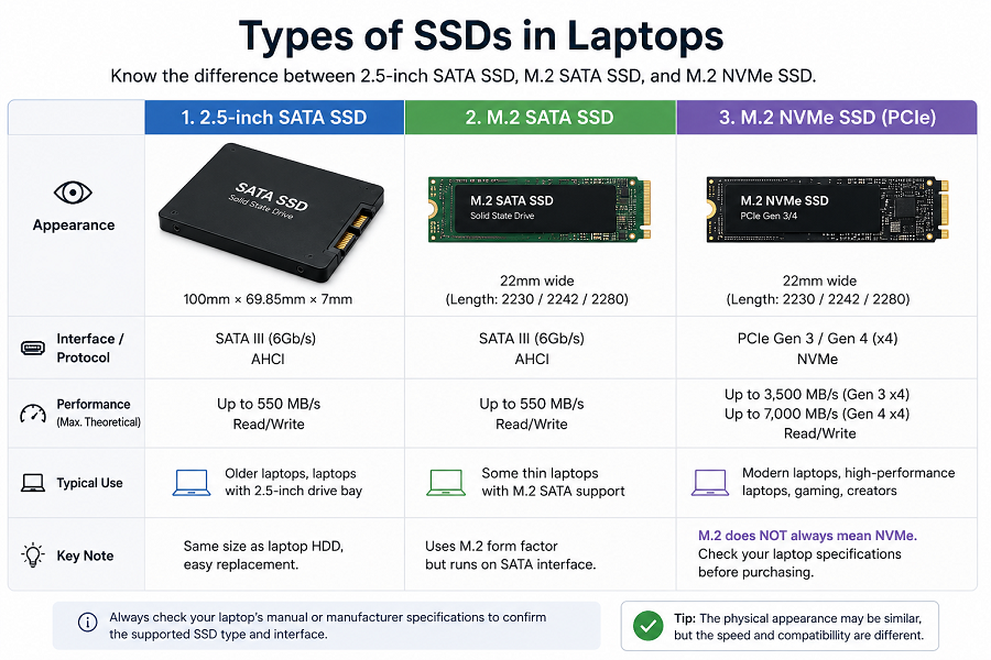Comparison of 2.5-inch SATA, M.2 SATA, and M.2 NVMe SSDs for laptops