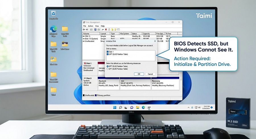 Windows Disk Management interface showing unallocated SSD initialization and partition setup