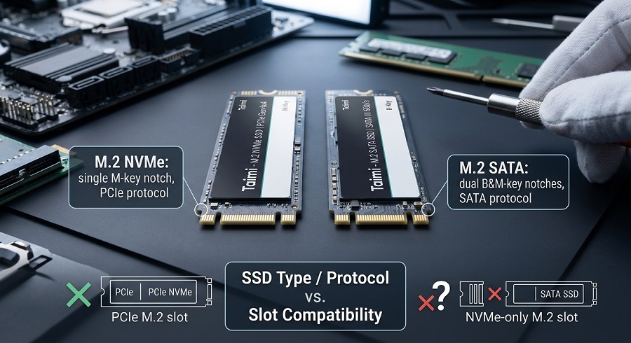 M.2 NVMe vs. M.2 SATA SSD interface protocol and motherboard slot compatibility breakdown