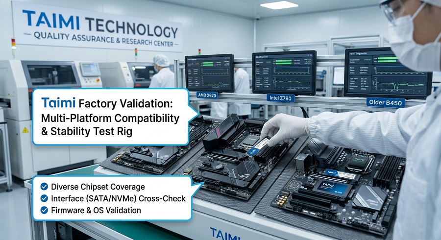 Taimi factory quality validation: multi-platform motherboard compatibility and SSD stability testing lab