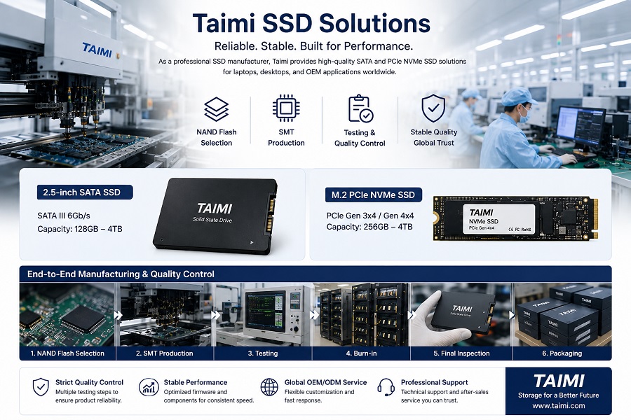 Taimi SATA and PCIe NVMe SSD solutions and manufacturing process