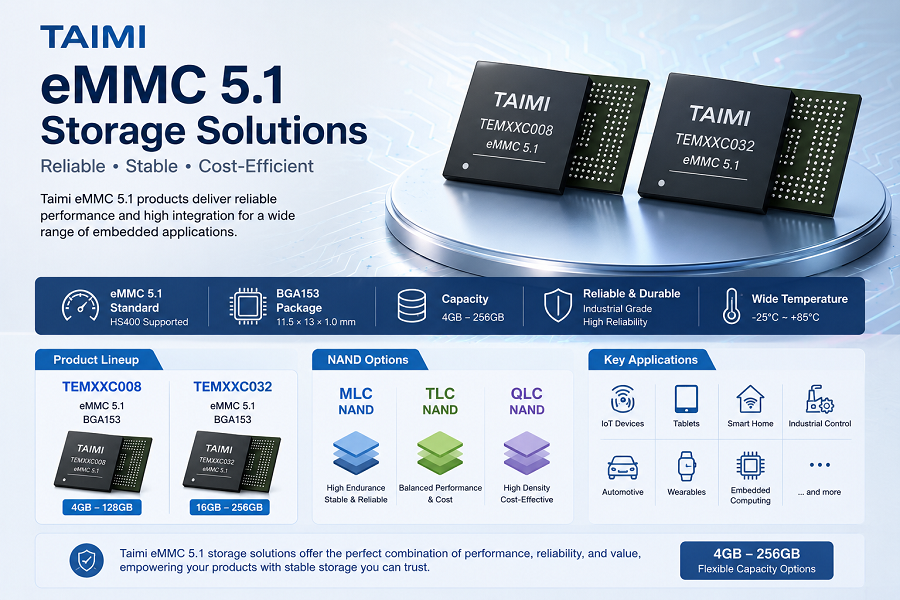 Taimi eMMC 5.1 storage products with MLC TLC and QLC NAND