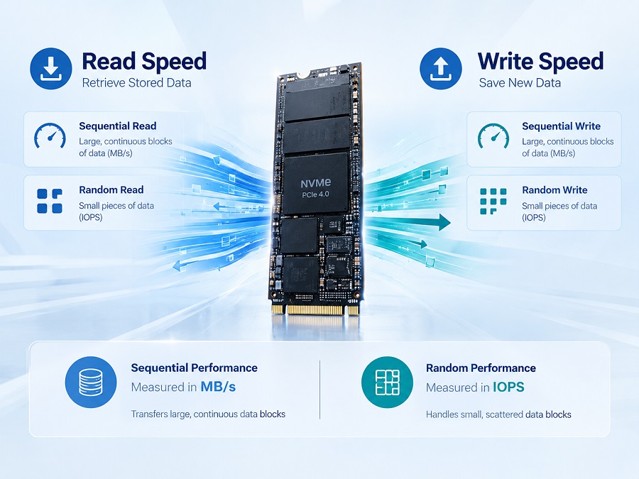 SSD read speed vs write speed comparison showing sequential and random performance in MB/s and IOPS